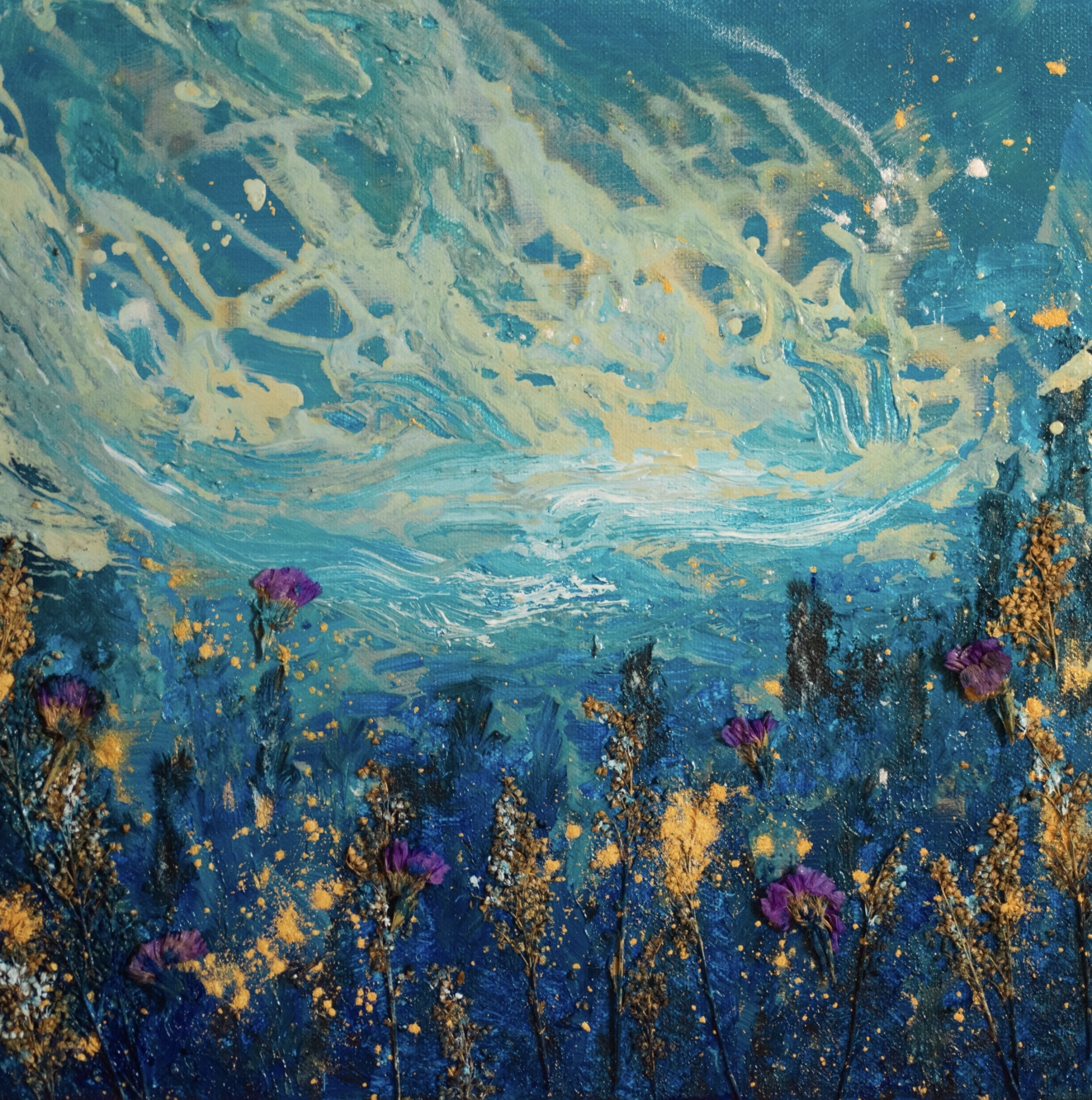 Acrylic, mica powder, dried plants on Canvas 12